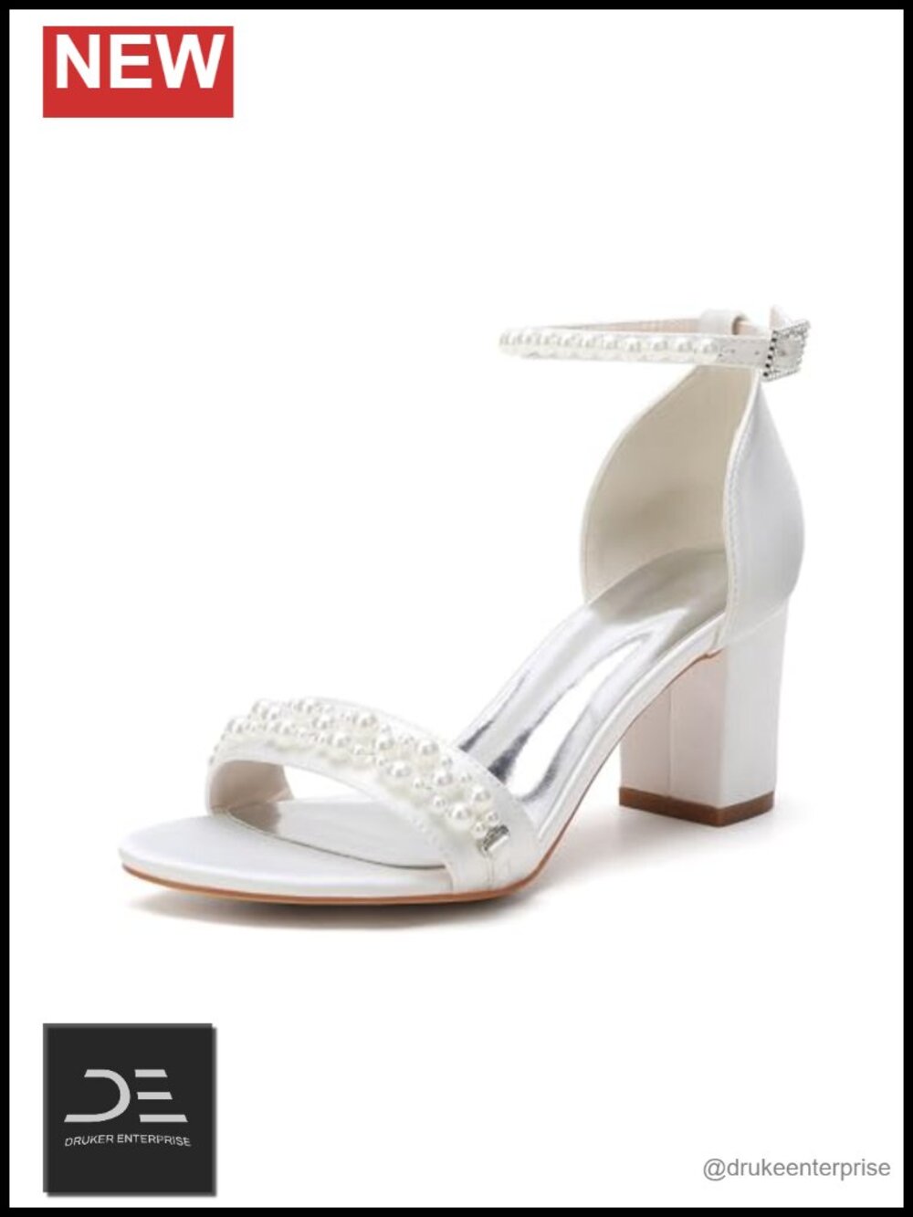 Pearl Block Heels Wedding Shoes for Bride Low Heel Satin Bridal Sandals Open Toe